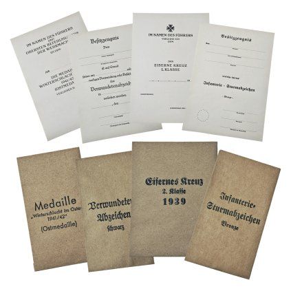 Medaille badge certificate envelope WW2 German WWII wehrmacht reenactment reenactor film props warcopy reproductions heeres paperwork ration pocket litter