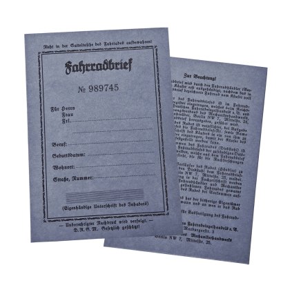 German Bicycle ownership document Fahrradbrief WW2 German WWII wehrmacht reenactment reenactor film props warcopy reproductions heeres paperwork ration pocket litter